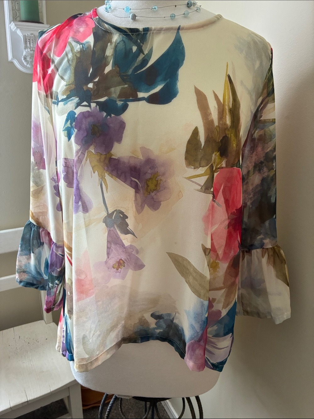 bryn Walker Cream Floral Wide-Leg set with Pink, Blue & Purple Blooms silk pants - Picture 2 of 5